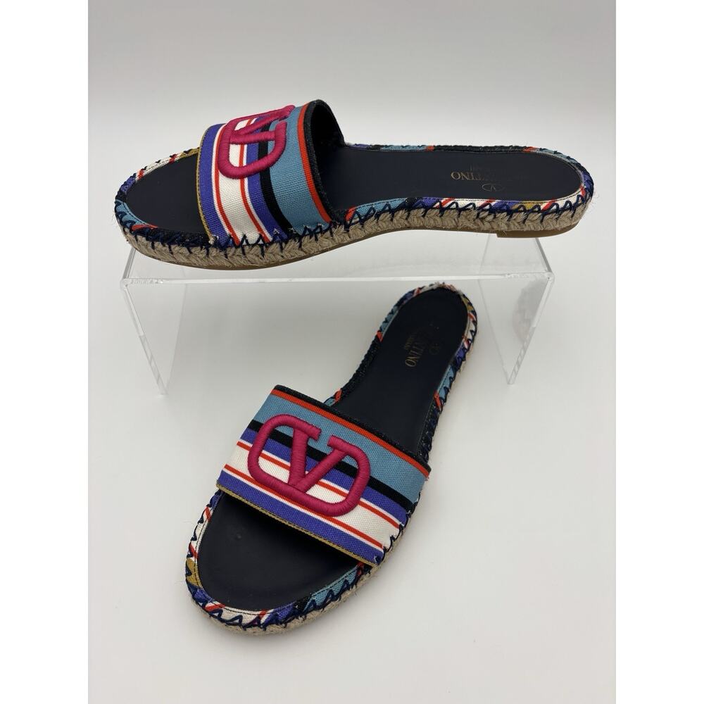 Valentino Embroidered Vlogo Slides Espadrilles Sandals Blue Purple Size 38 / 8